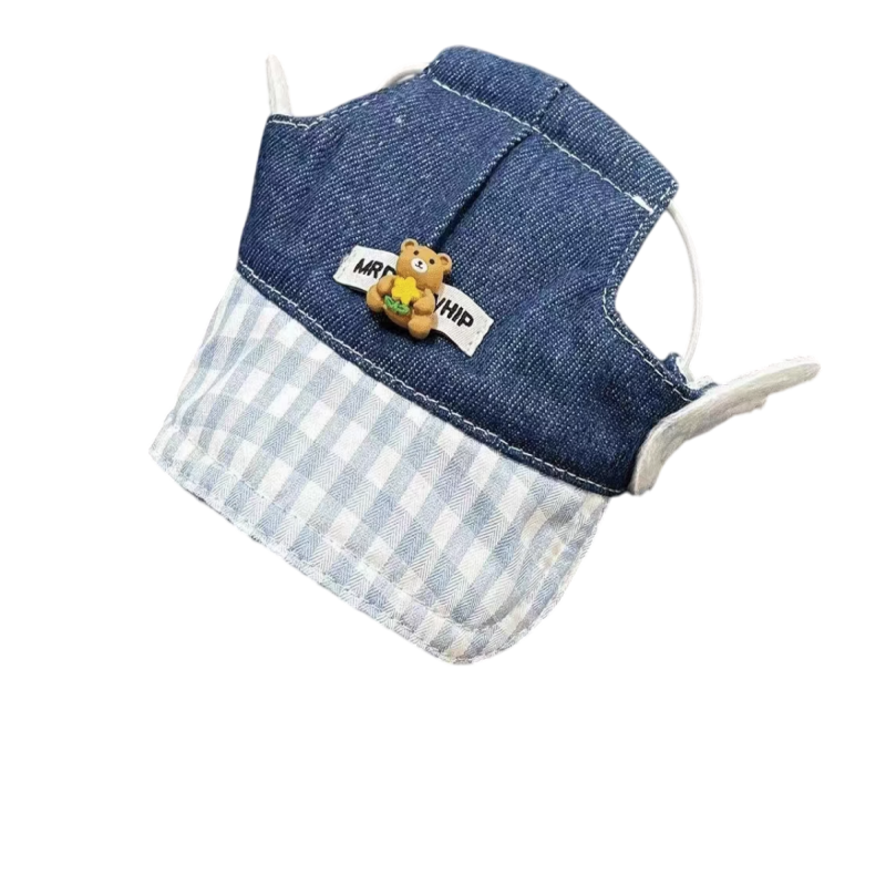 Blue Plaid & Denim Harness with Leash Set — Cute Bear & Hat