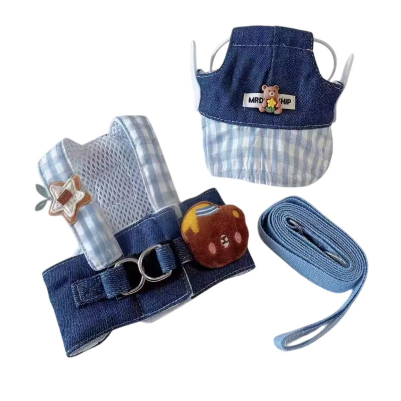 Blue Plaid & Denim Harness with Leash Set — Cute Bear & Hat